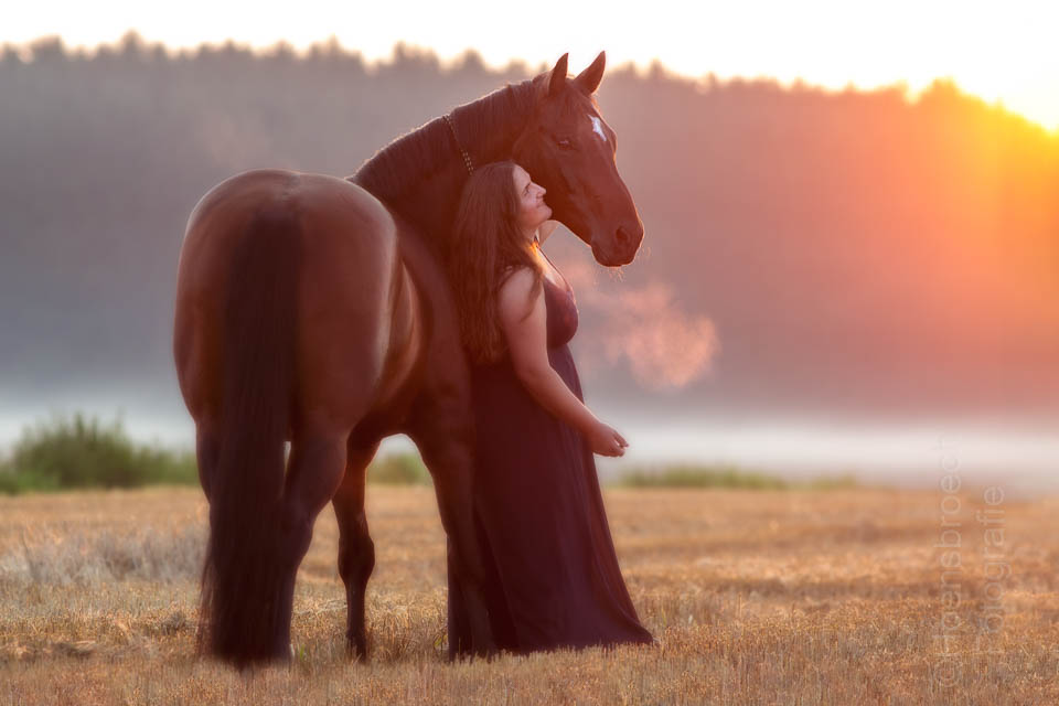 Pferdefotografie Bayern Mensch und Pferd bei Sonnenaufgang
